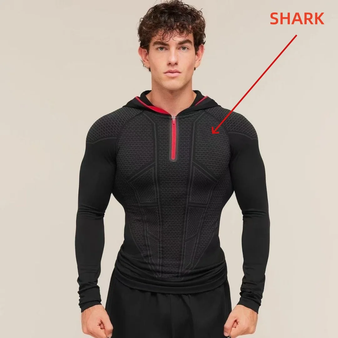 SHARK 2026 ONYX V1 hooded long sleeved blue red, gym, tight fitting clothes, show figure, men's hooded fitness long sleeves