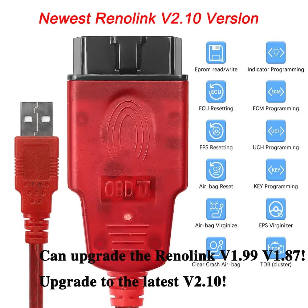 

Кабель Renolink V2.10 2024 OBD2 для Renault Renolink V1.99, обновленная версия, ECU Программатор, сброс мешка воздуха для Dacia, инструмент для кодирования ключей