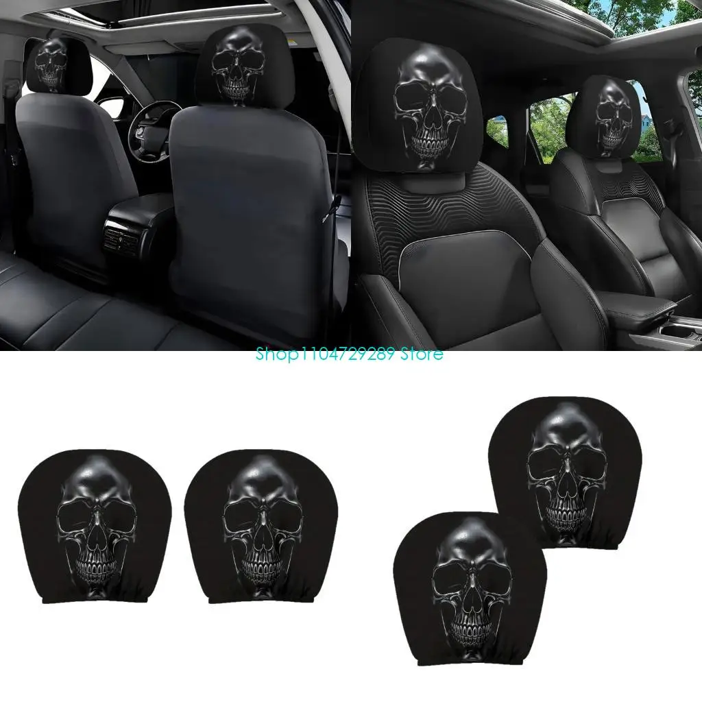 D8KE Car Headrest Sleeve Pair with Skull Pattern, Black Elastic Opening Polyester Covers for Drivers Seeking a Front Look in