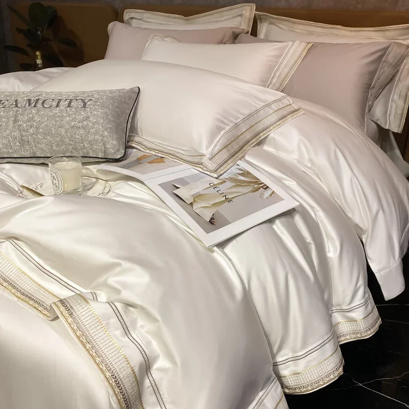 Luxury Embroidery King Size Bedding Set 600TC Egyptian Cotton Soft Smooth Duvet Cover Set Bed Sheet Set Fitted Sheet Pillowcases