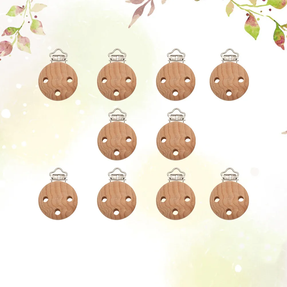 10Pcs Round Wooden Pacifier Clips 35Mm Three Holes Natural Grain Teething Soother for Infant Baby Teeth Growth Stroller Car Seat