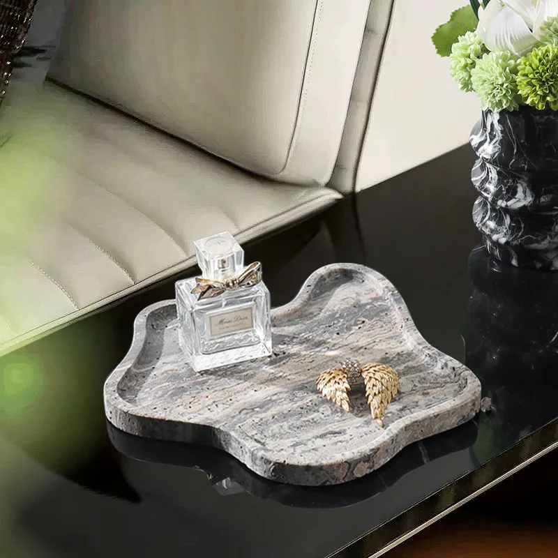 Wabi Sand Wind Natural Travertine Marble Irregular Decoration High-end Home Ornament Jewelry Storage Fruit Tray Tray