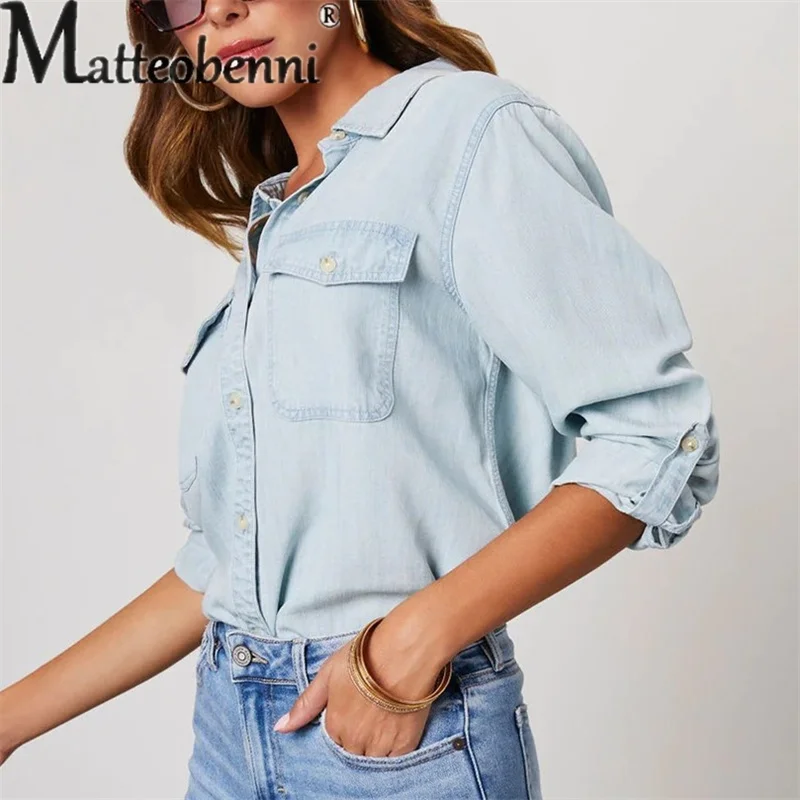 Autumn Thin Denim Shirt Women\'s Single-breasted Splicing Pocket Long Sleeve Lapel Tops Ladies Comfortable Commuter Casual Blouse