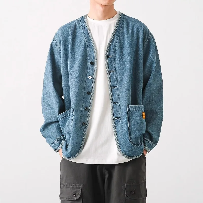 Men Jacket Spring Vintage Single-breasted Round Neck Male Denim Coat Simple Long Sleeve Pocket Casual Man Short Outerwear