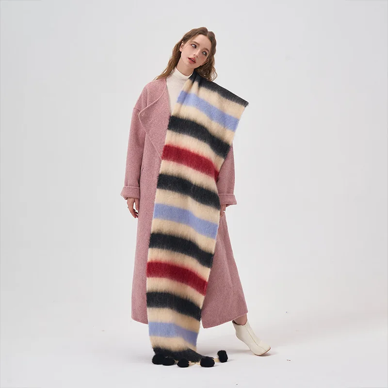 Colorful Striped Winter Scarf for Women Hairball Pashmina Scarves Wraps Female Thick Soft Bufanda Big Tassels Shawl Long Stoles