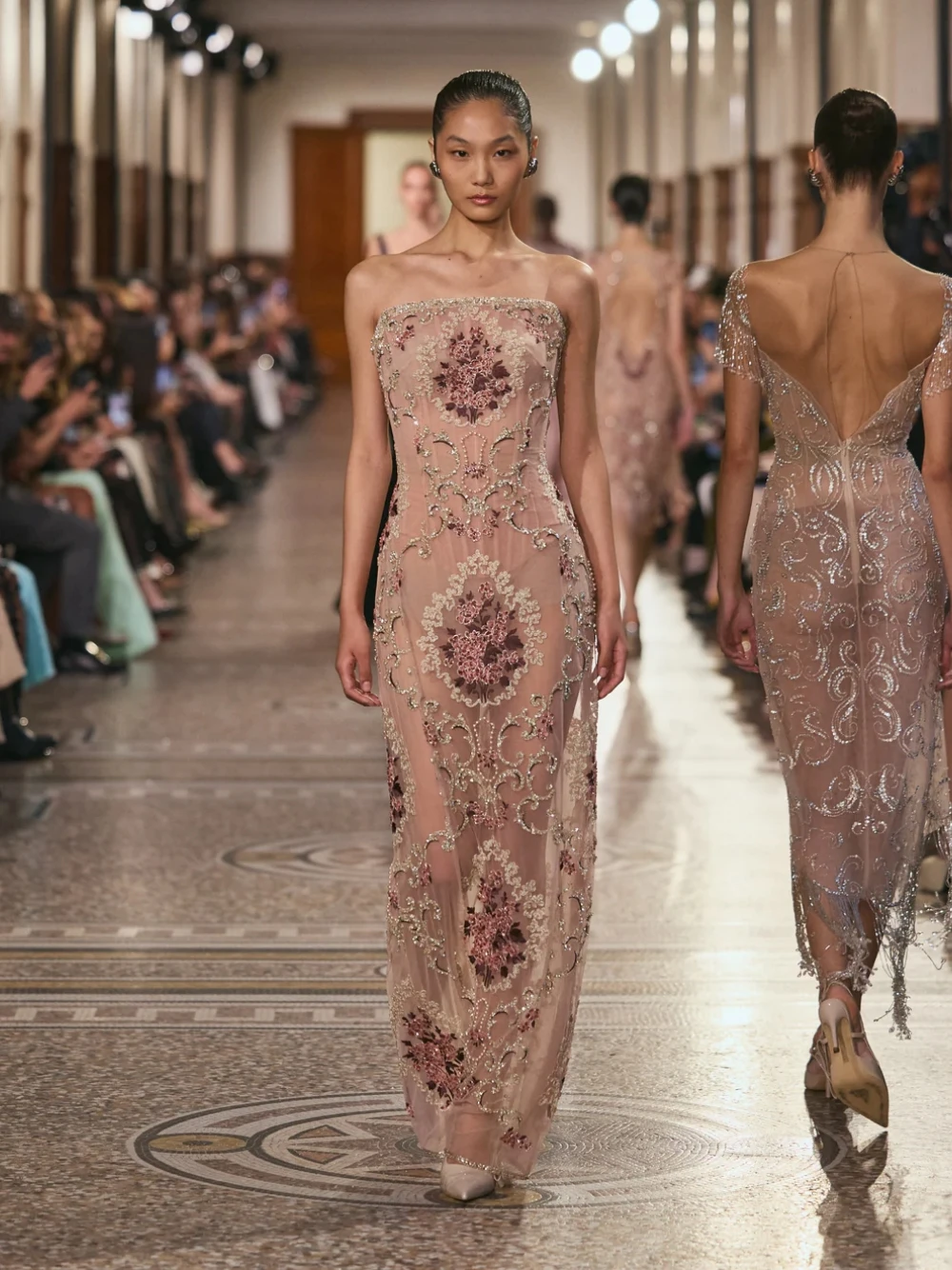 Handcraft Floral Beading Strapless Evening Dress Birthday Party See Through Luxury Runway Show Customized Prom Cocktail Gown