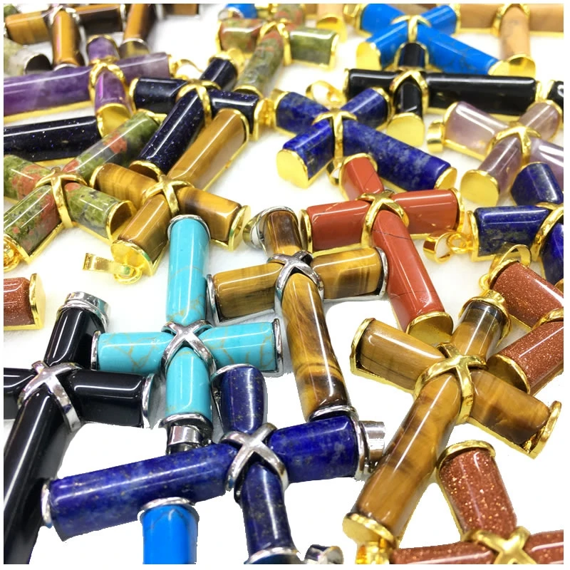 Natural Stone Bozwana Amethyst Tiger Eye Agate Metal Cross Pendant Men's and Women's Exorcism Talisman DIY Necklace Jewelry