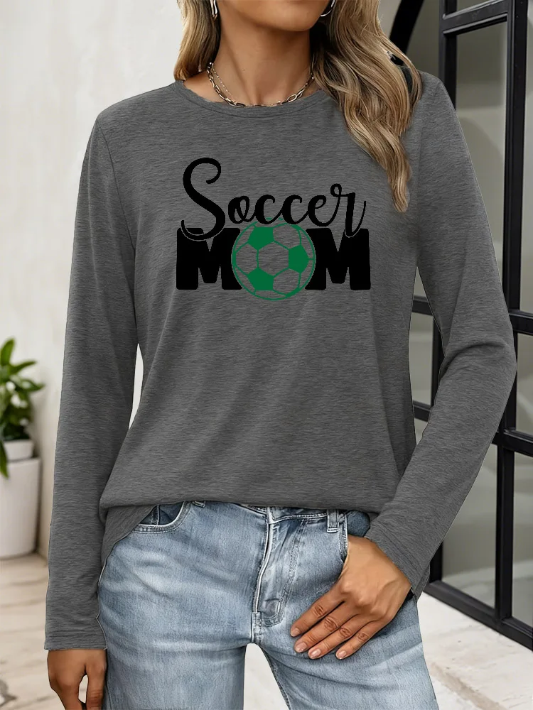 Camiseta de manga larga con estampado informal de fútbol y mamá para mujer, camiseta Y2K con cuello redondo, tela de mezcla transpirable para primavera y otoño