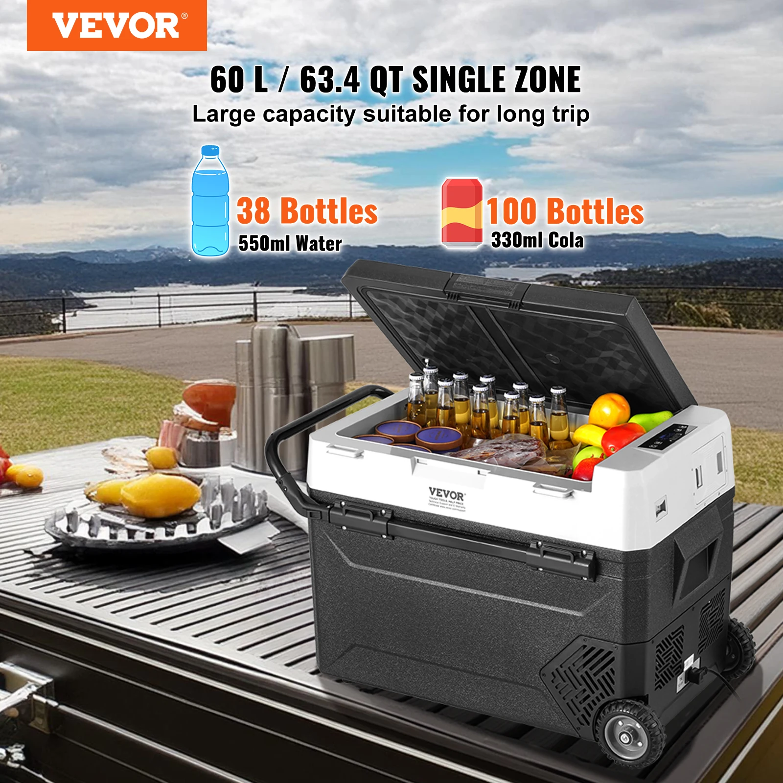 VEVOR 12V Car Refrigerator Fridge 60 L / 63.4 QT Single Zone Portable Freezer Compressor Cooler for Home Outdoor Camping RV Car