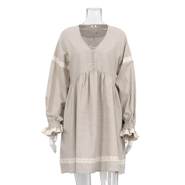 2024 New Sexy V-Neck Dress Puff Long Sleeve Loose Style Cotton And Linen Women Summer Dress Bohemian Mini Dress