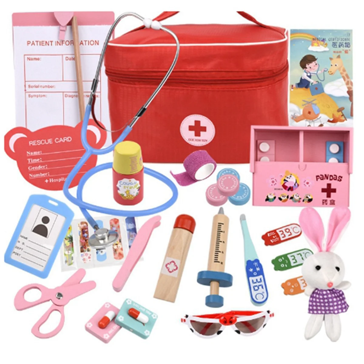 Ensemble de jouets de docteur en bois pour enfants, kit de jeu de simulation pour fille et garçon, boîte à médicaments rouge pour dentiste médical