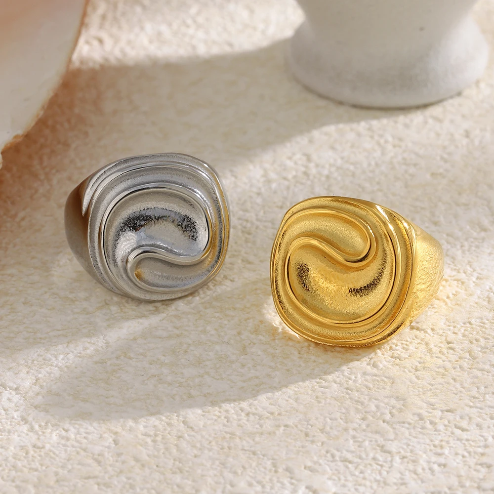 E.B.belle Stainless Steel Butter Cookie Interface Ring Gold Plated Jewelry Decoration Wide Side Ring Suitable For Women's Gift