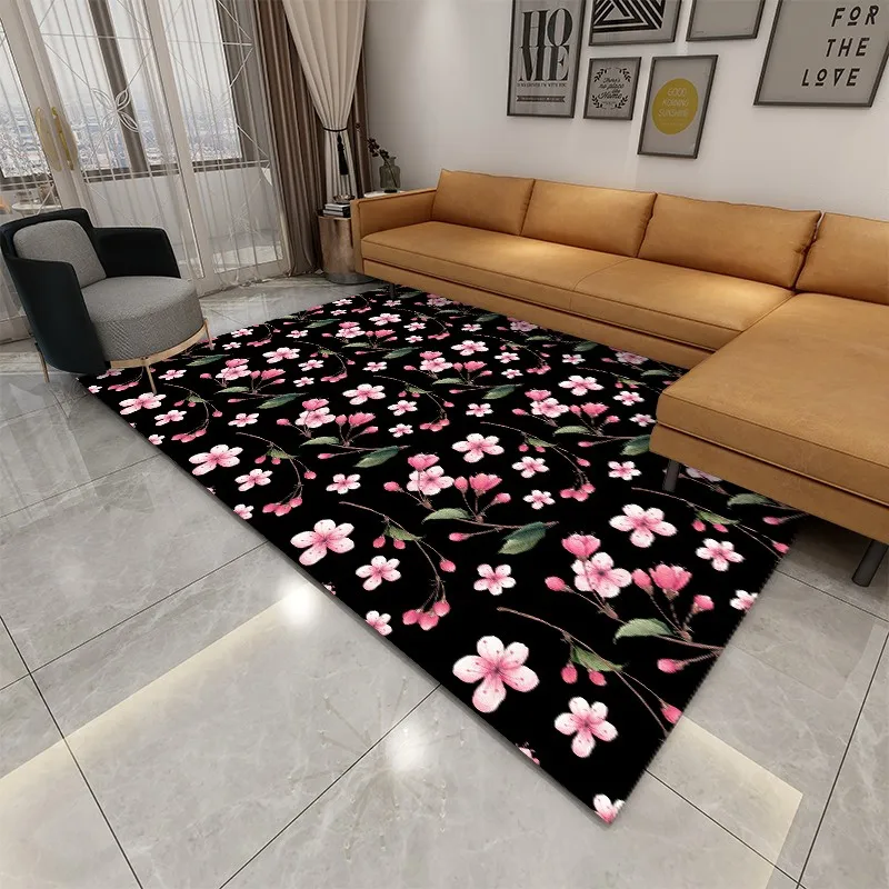 Reese Velvet Soft Fleece Carpet Rug Living Room Bedside Traditional Japanese Night Cherry Blossom Large Floor Decor Washable Mat