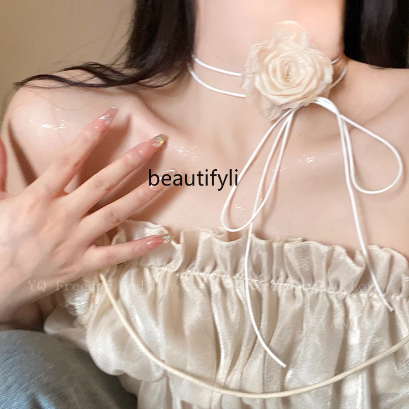 

Chinese-Style Dried Rose Flower Lace-up Necklace Female Choker Necklet Neckband Clavicle Necklace Neck Accessories