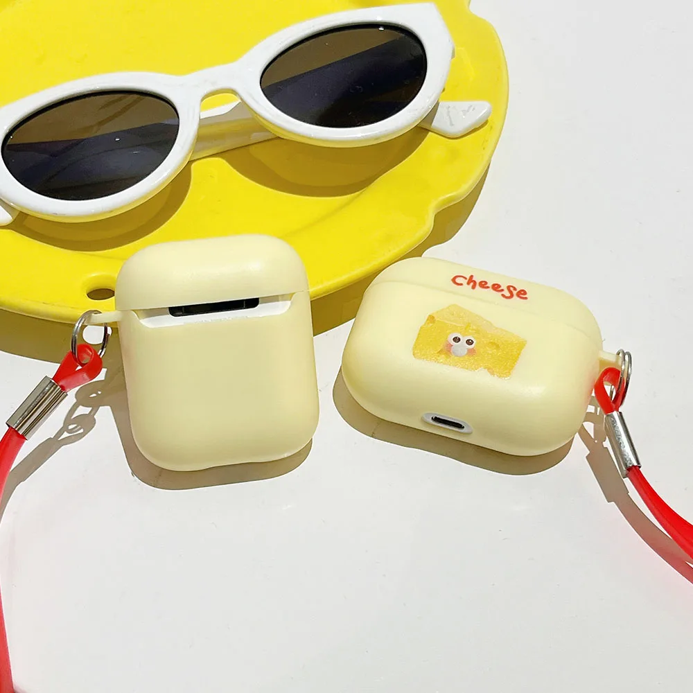 حافظة سماعة رأس بنمط الجبن اللطيفة لأجهزة Apple Airpods Pro 1 2 3 2021 غطاء من البولي يوريثان الناعم غير اللامع مع سوار ملحقات غلاف سماعة الأذن