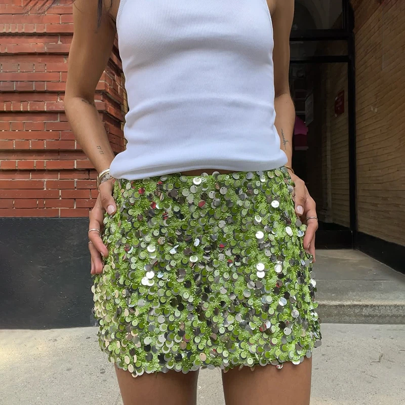

Ticketsx Shiny Sequin Mini Skirt Women's Solid High Waist Sexy Slim Skirt Female Summer Fashion Streetwear Elegant Y2k Skirts