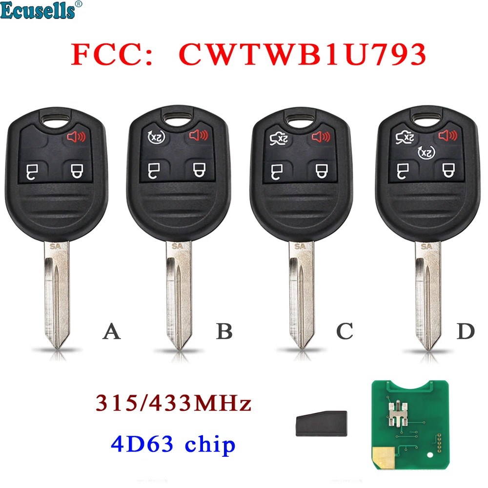 3/4/5 botão 315mhz 433mhz remoto chave fob para ford explorer ranger windstar e150 e250 f150 f250 com 4d63 chip cwtwb1u793 fo38