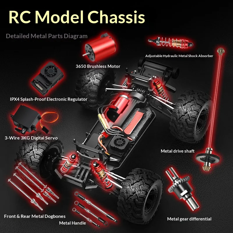 1/10 Rc Car Upgraded Brushless Large High Speed 4Wd Full Proportional Metal Chassis Waterproof Off Road Vehicle For Adult
