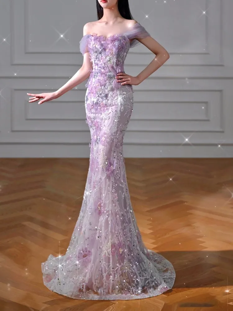 Purple Fishtail Evening Dress Female Light Luxury Minority Host Niche Banquet Engagement Morning Gowns Toast