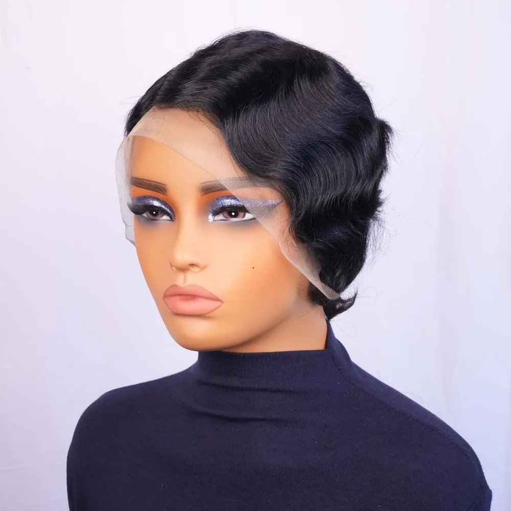 عابث قطع شعر مستعار 13X4 أمامي إصبع المحيط موجة شعر مستعار شعر الإنسان للنساء السود ارتفع صافي غطاء شعر مستعار عابث ريمي قصيرة قطع باروكة من شعر طبيعي