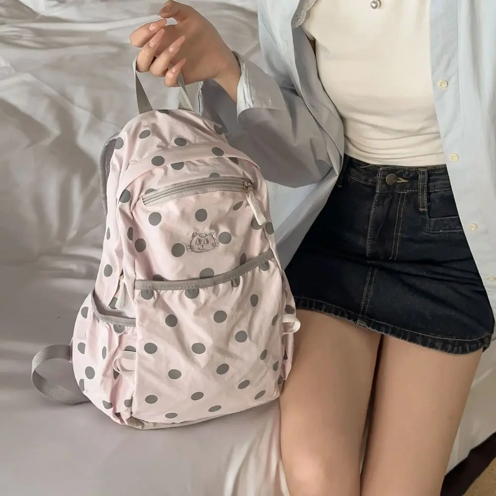 Cute Sweet Polka Dot Backpack Minimalist Embroidered Cat Nylon Rucksack Durable Lightweight Student School Bag Commute