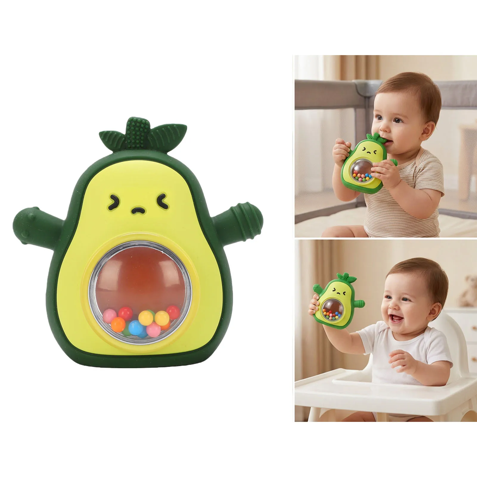 

Baby Teether Rattle Silicone with Rattle Sound Baby Chew Toy Avocado Baby Teether Rattle Food Grade Silicone Infant Teether