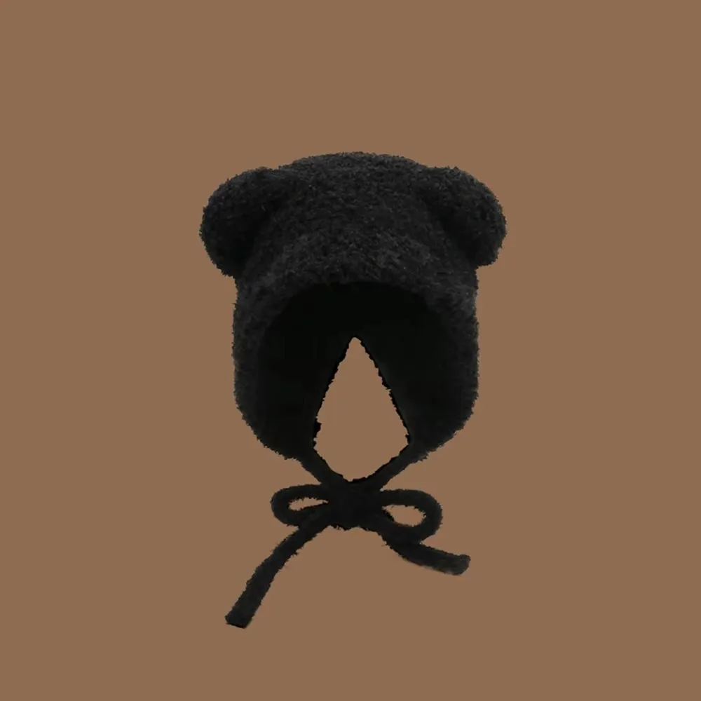 

Cute Y2k Bear Ear Wool Hat With Rope Warm Beanies Cap Lace up Ear Protection Winter Hat