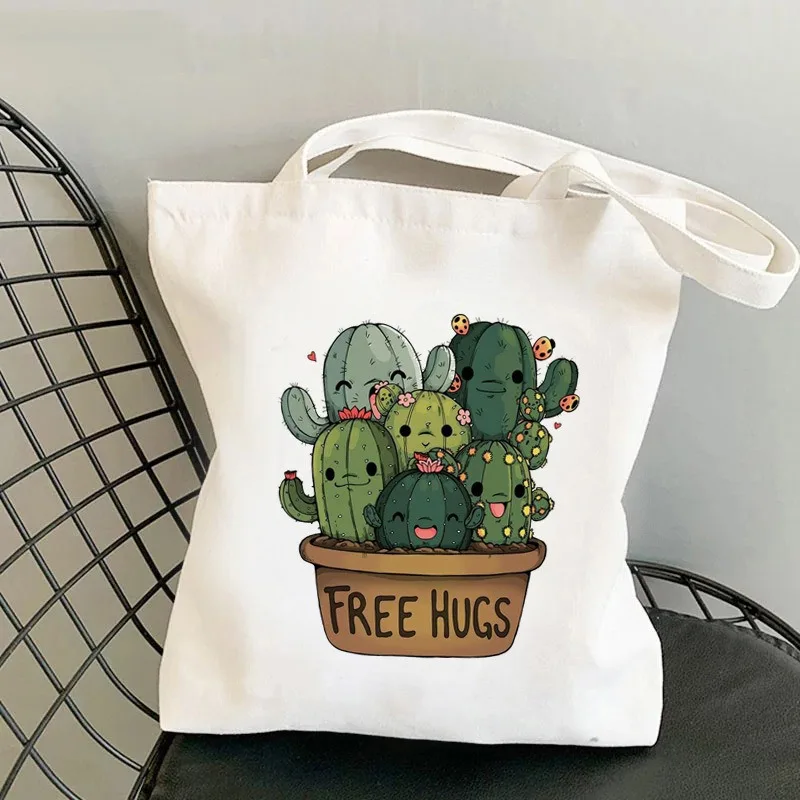 Cactus Cartoon Printed Canvas Tote Bag, Personalized Shoulder Bag with Funny Plant Patterns for Daily Shopping Commute School