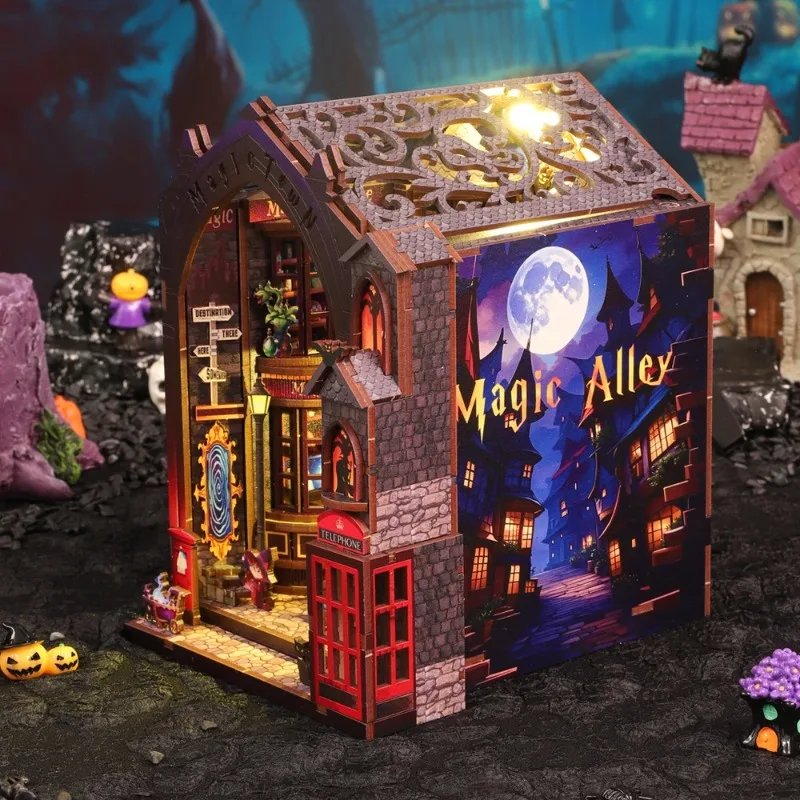 NEW Retro Magic Alley DIY Wooden Book Nook Figurines Miniatures Kits Bookshelf Home Bookend Decoration For Adult Handmade Gifts