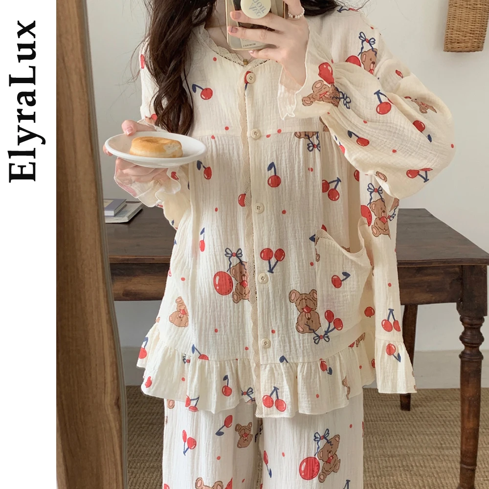

ElyraLux Women's Rustic Pajamas Women Winter Autumn Sleepwear Cute Bear Print Cardigan Long Sleevelong Pants Casual Homewear