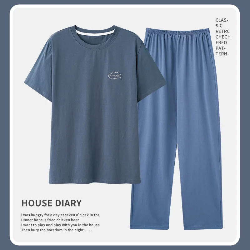 Korean Simple Cotton Men's Pajamas Set Short Sleeves Trousers Nightwear for Summer Youth Boy Pyjamas Homme Dropship pijma hombre