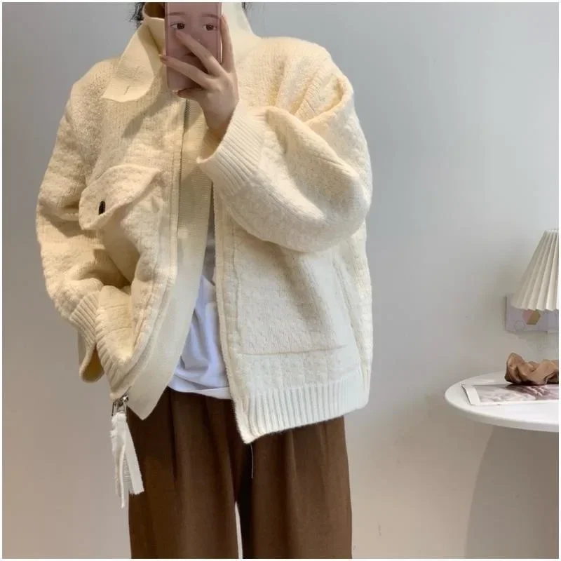 Thick Knitted Cardigan Women V-neck Zipper Pocket Vintage 2025 Spring Autumn Jumper Outerwear Sweater Y2k Sweater Coat Jacket