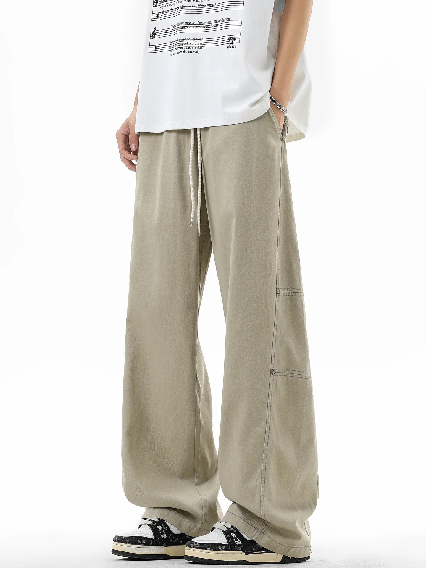 

Trendy Retro Dstring Elastic Straight Leg Work Pants Men's Loose Wide Leg Casual Long Trousers Street Sle Loose Fit