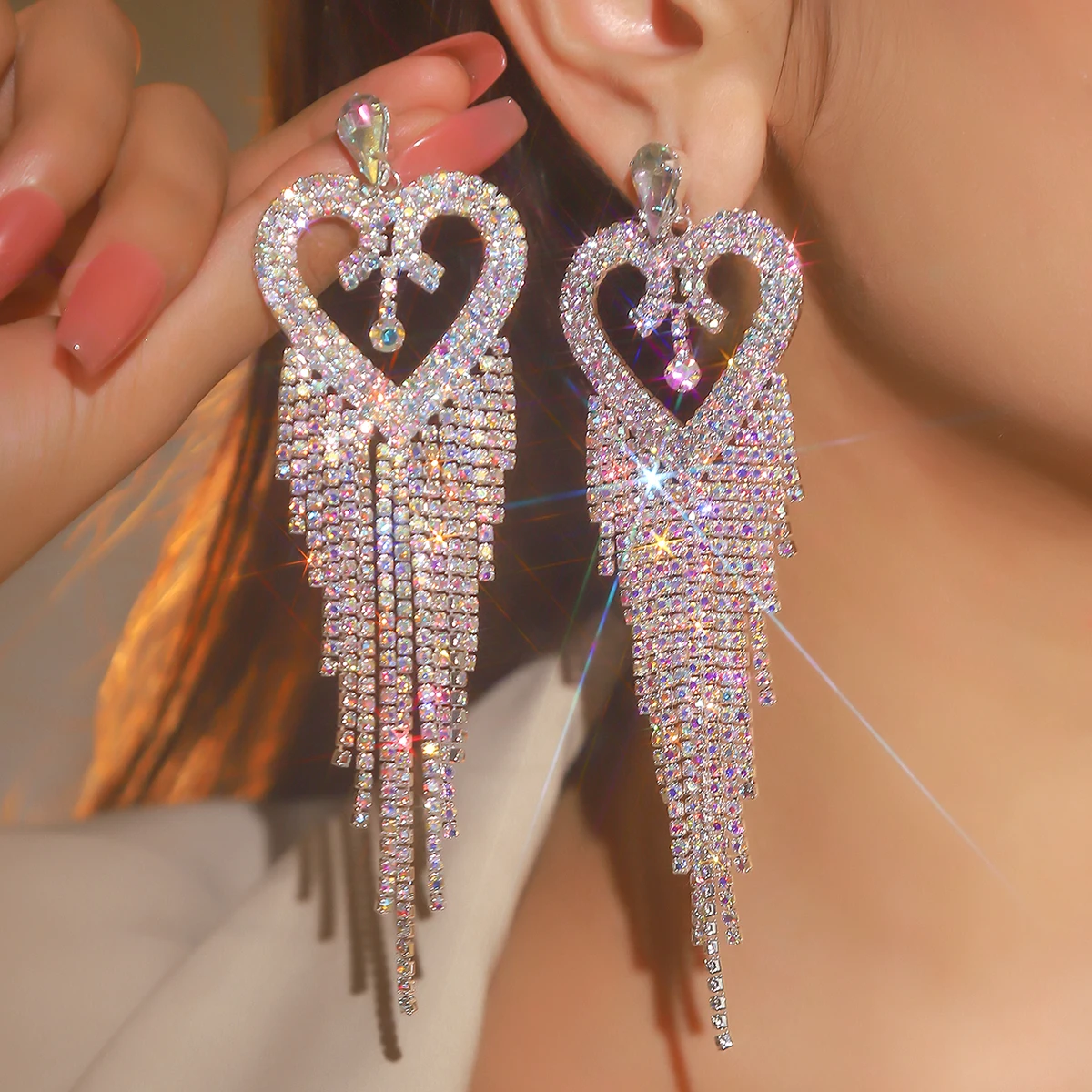 Fashion Tassel Rhinestone Earrings Silver Rhinestone Crystal Bridal Chandelier Long Tassels Dangle Earrings for Wedding