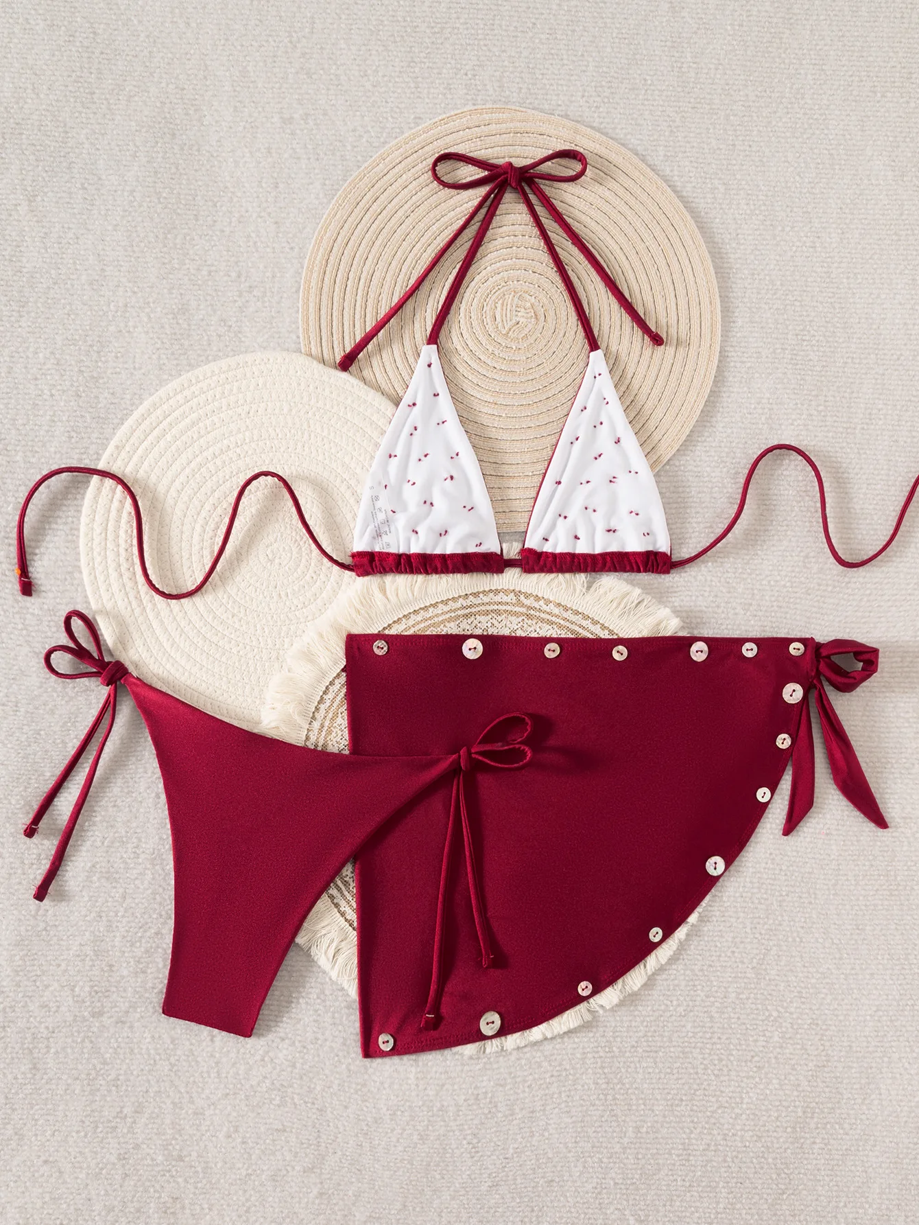 sexy wine red buttons micro bikinis sets 3pcs with cover skirt swimwear bathing suit beach outfits swimsuits biquini tankini