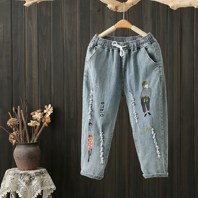 

Summer plus Size 200 Pounds Women's Jeans Embroidered Harajuku Eighteen Inches Slimming Denim Pants Trendy Natural Waist