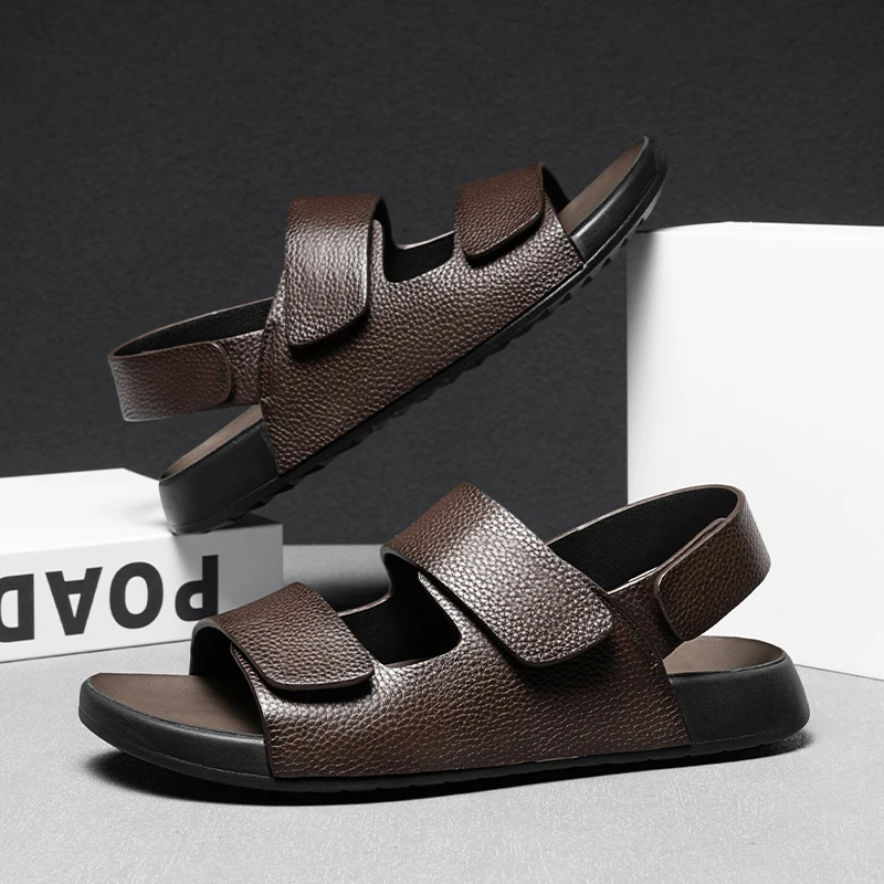 

Летние мужские коричневые сандалии из натуральной кожи, роскошные пляжные сандалии, мужская уличная мужская обувь, дышащие мужские тапочки, повседневная обувь