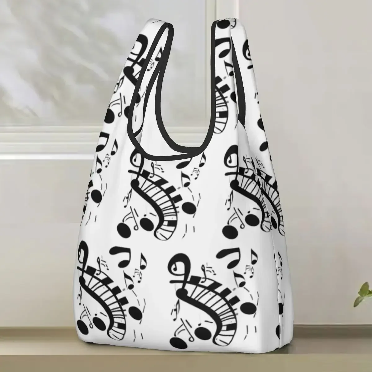 Abstract Piano Keys With Musical Notes Shopping Bag Portable Tote Bags Foldable Shoulder Shopper Bag Grocery Handbag