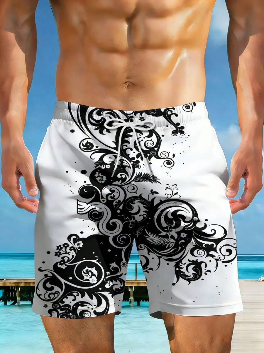 

Mens White Board Shorts Featuring Bold Black And White Floral Swirl 3D Print Design For Beach Vacation Wear