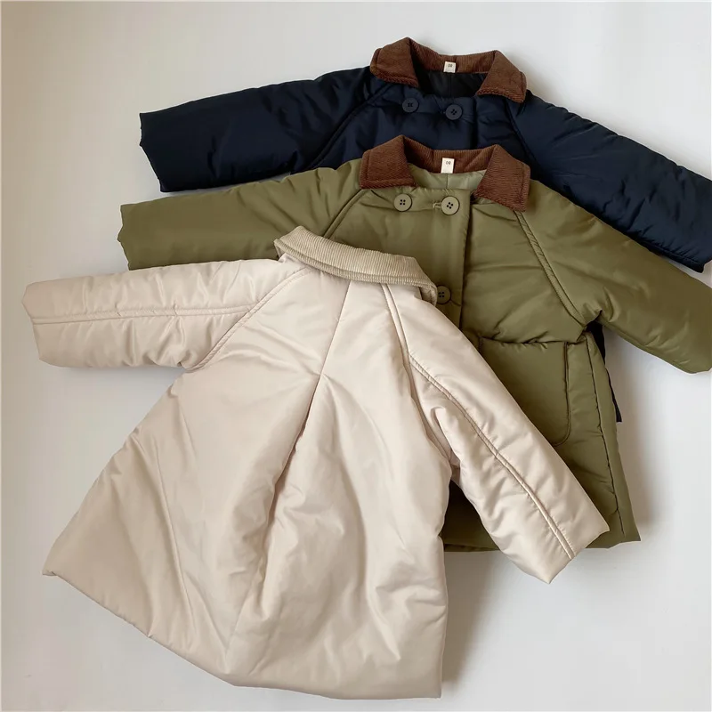 2026 New Children Solid Long Cotton-padded Jacket Turn-down Collar Corduroy Thick Cardigan Boys Warm Comfortable Outwear Coat
