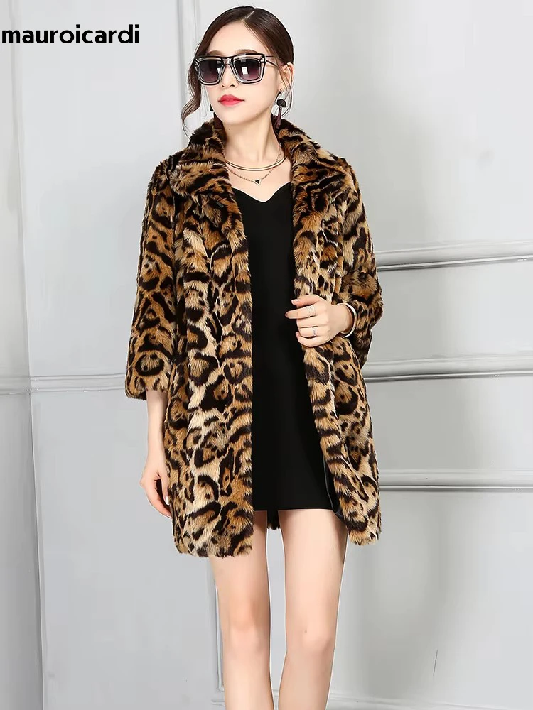 Mauroicardi Spring Autumn Winter Warm Thick Luxury Colorful Leopard Print Faux Fur Coat Women with 3/4 Sleeve Fluffy Jacket 2025