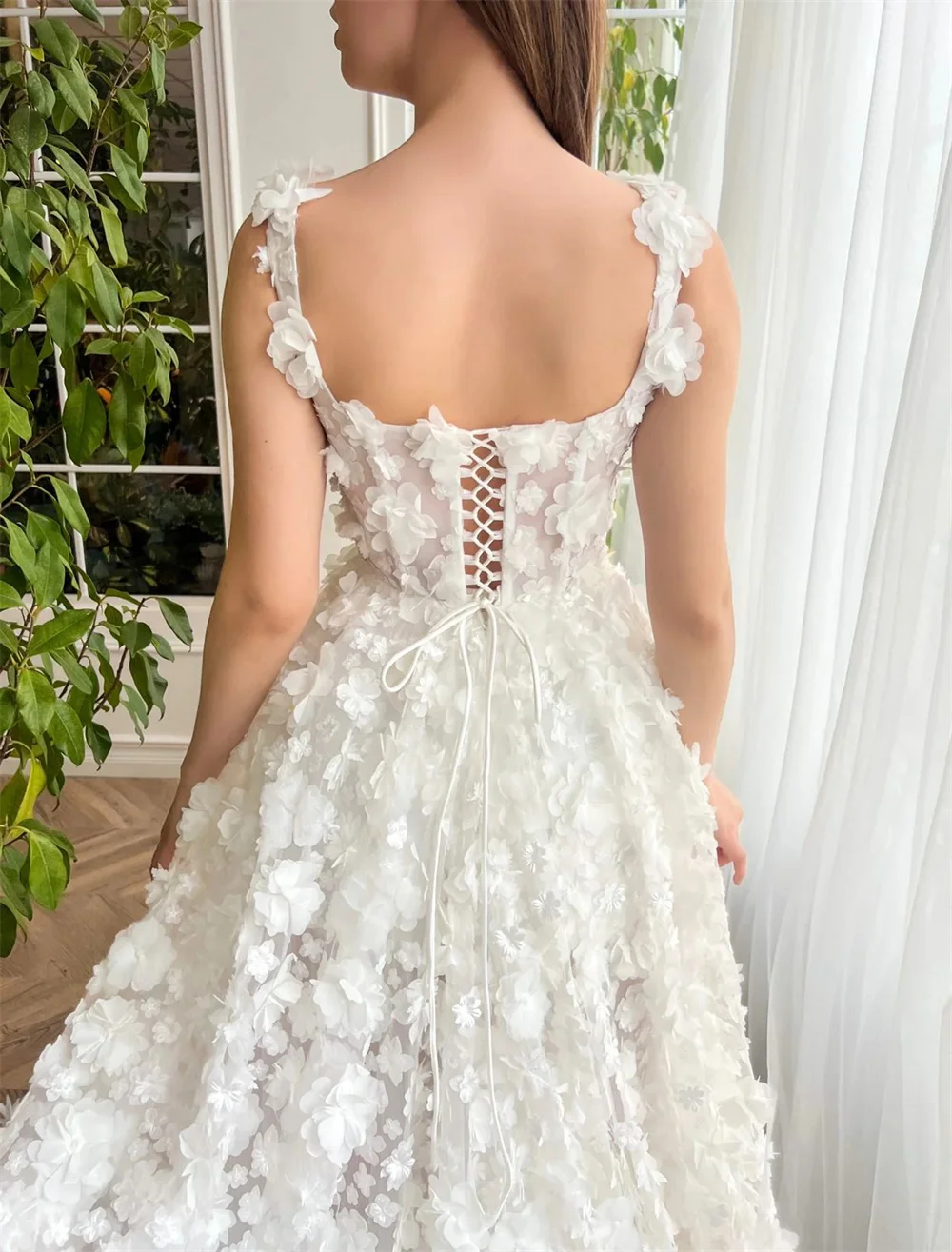 Kyoto Beige 3D Flowers Lace-up Back Wedding Dress A-line Floor-length vestidos de novia Customized Side Slit Evening Dresses image 3