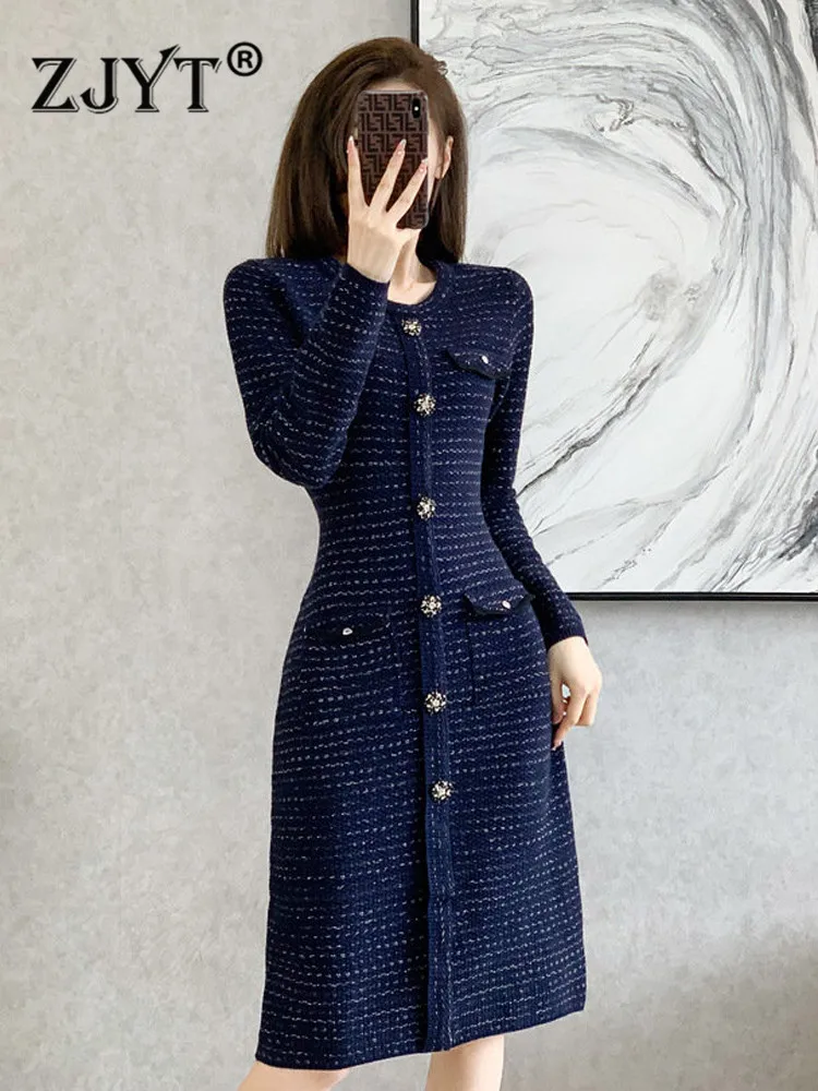 ZJYT Runway Long Sleeve Knitting Sweater Dresses for Fall and Winter Women Korean Style Buttons Basic Knitwear Casual Party Robe