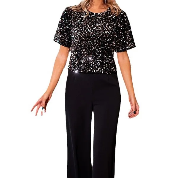 

2024 Spring Sequined Pocket Backless Slit Style Fashionable Party Straight Leg Pants Jumpsuit For Women