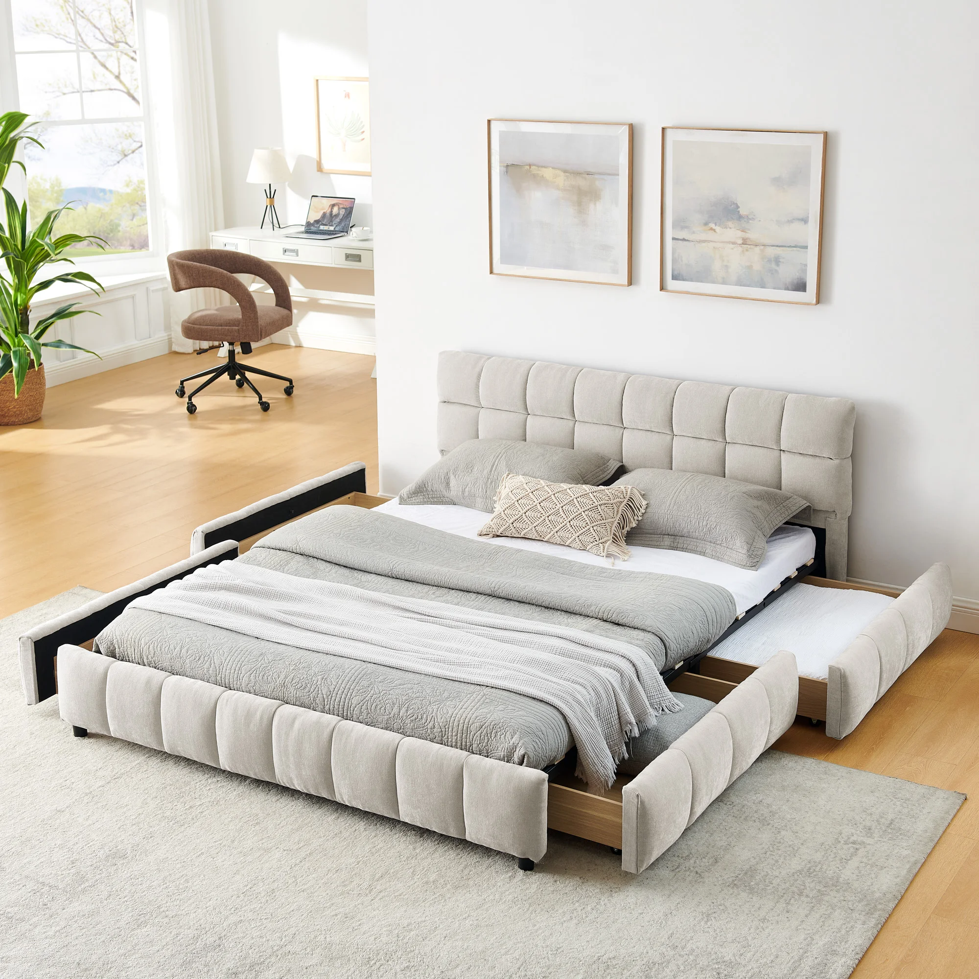 

Queen Size Tufted Headboard Platform Bed Frame Wood Storage Drawer Modern Design Bed