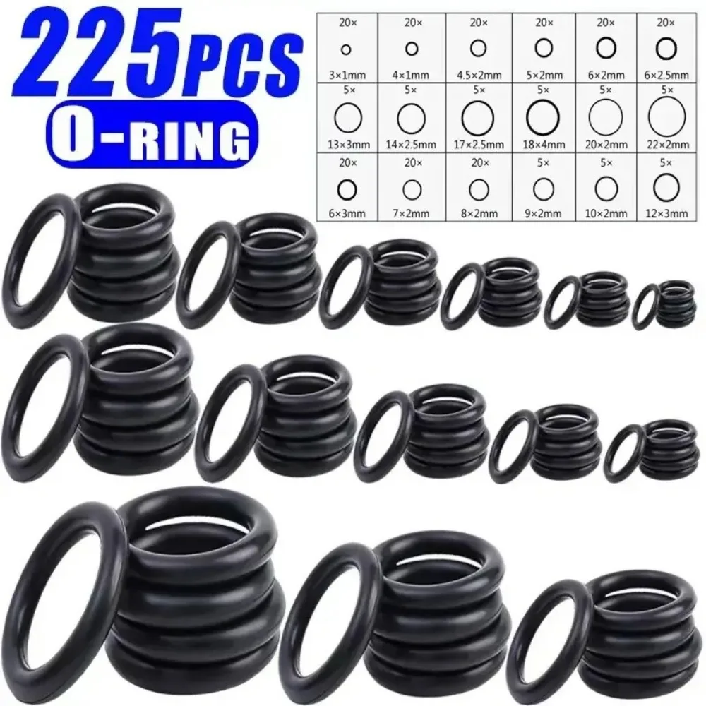 

225-Piece O-Ring Set – Oil & Water Resistant Rubber Seals Various Sizes for Automotive Machinery Plumbing & Industrial Use