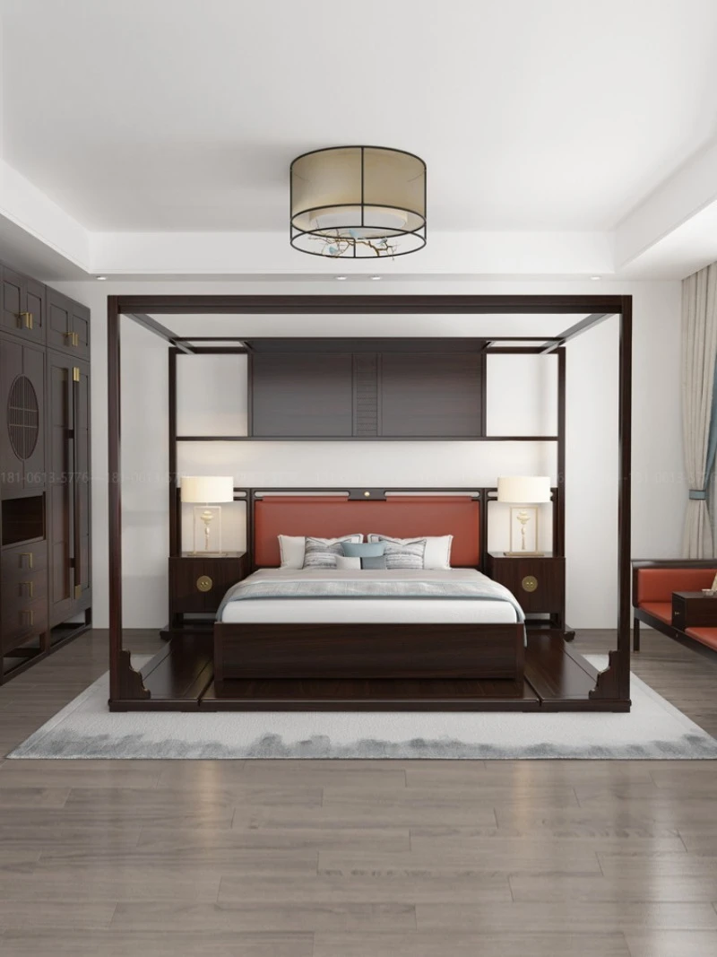 Designer Modern Shelf Bed, Ebony Solid Wood Pillar Bed