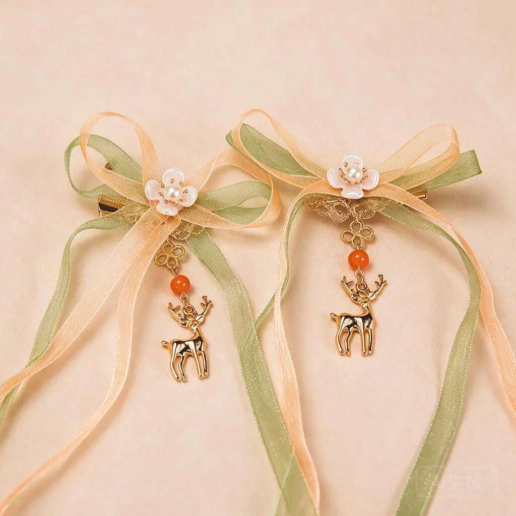 Ancient Chinese Hanfu Hair Clips Pair Fairy Style Deer Drop Flowing Ribbon Flower Side Barrettes For Traditional Costume Cosplay
