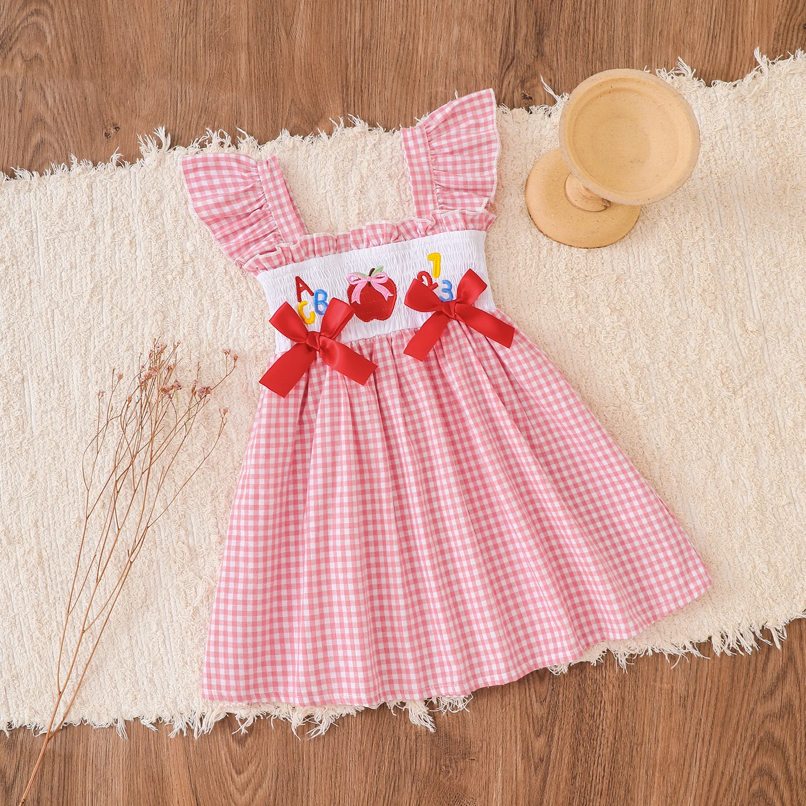 Summer baby girl toddler school season pink bow apple embroidered flying sleeve skirt sweet and cute