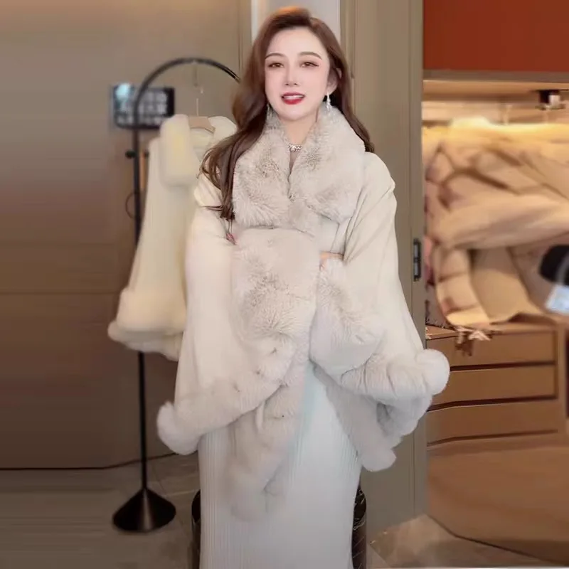 Full Trim Soft Faux Fur Cloak Coat Loose Batwing Cape Turn Down Collar Dress Smock Winter Women Knit Mantle Fashion Young